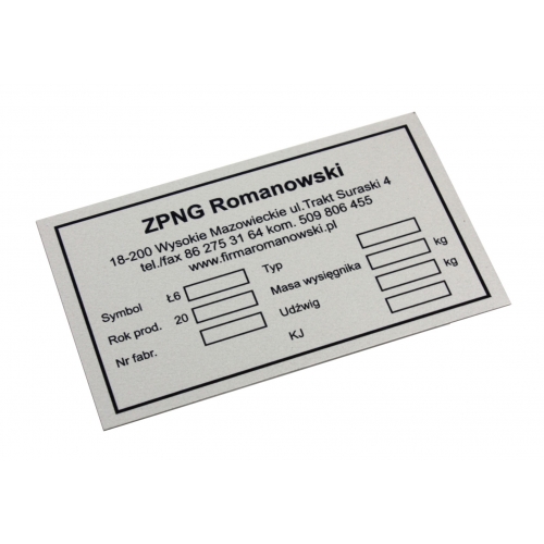 Aluminiowa tabliczka znamionowa